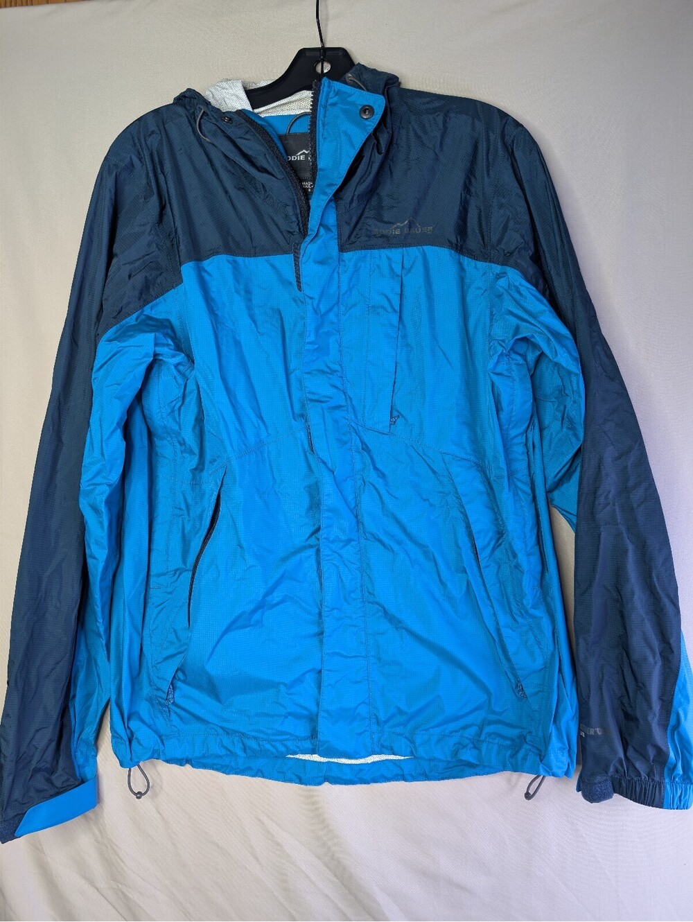 Eddie Bauer Men’s Size S WeatherEdge Rain Jacket Blue Colorway Hooded Full Zip